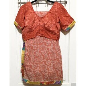 Indian Sari & Choli Dress Top Set Pink White Sheer Floral Saree Fabric Robe